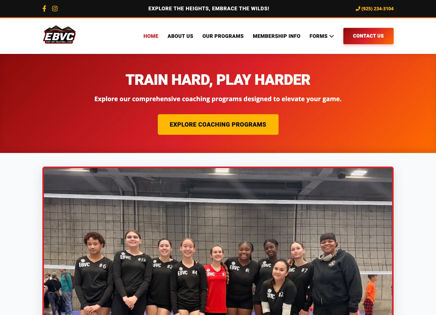 Actual East Bay Volleyball Club homepage, showing its club navigation and volleyball team photograph